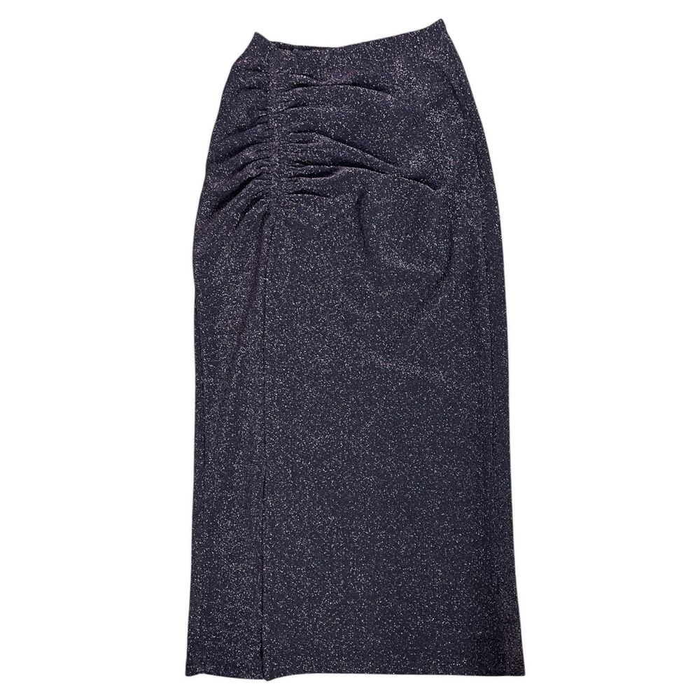 Burgundy Metallic Ruched Midi Skirt Women’s XS Stretch Shimmer Party